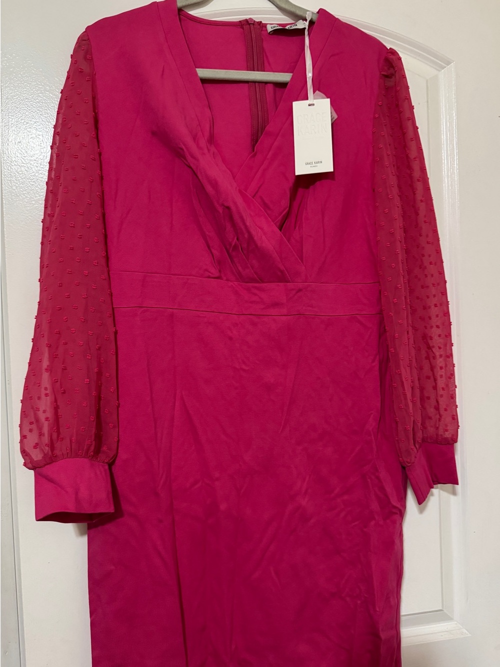 Grace Karin Hot Pink V-Neck Dress with Sheer Swiss-Dot Sleeves